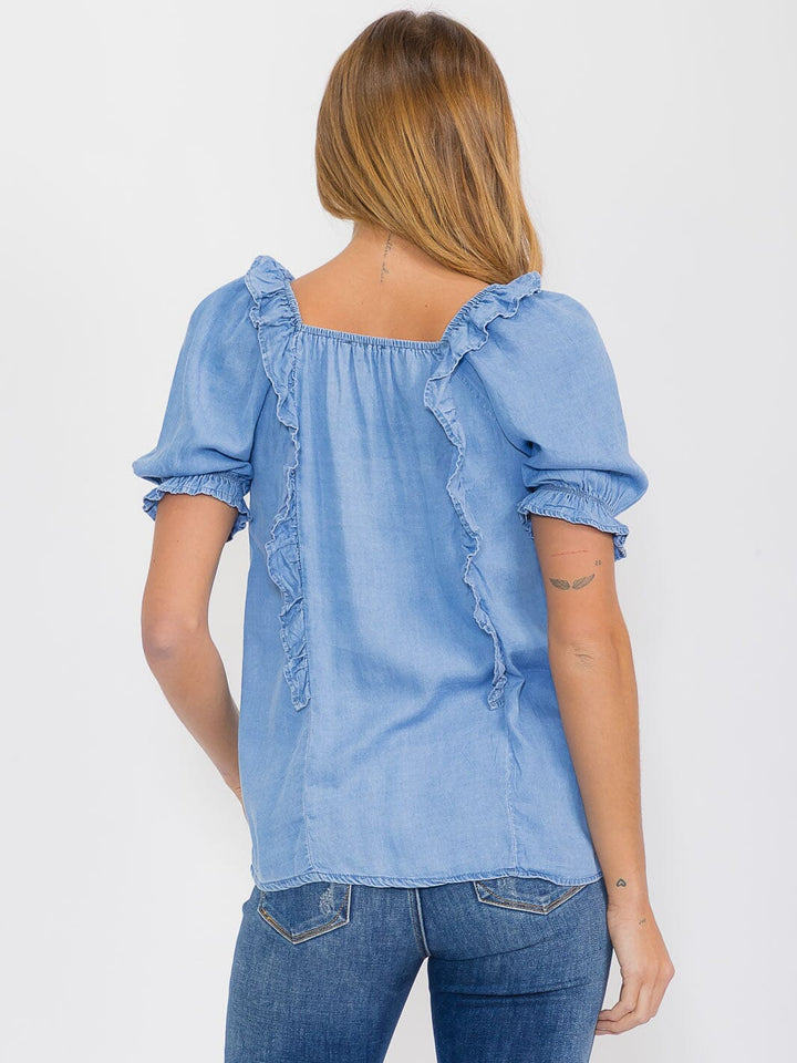WOMEN'S SHORT SLEEVE RUFFLE DETAILED CHAMBRAY BLOUSE