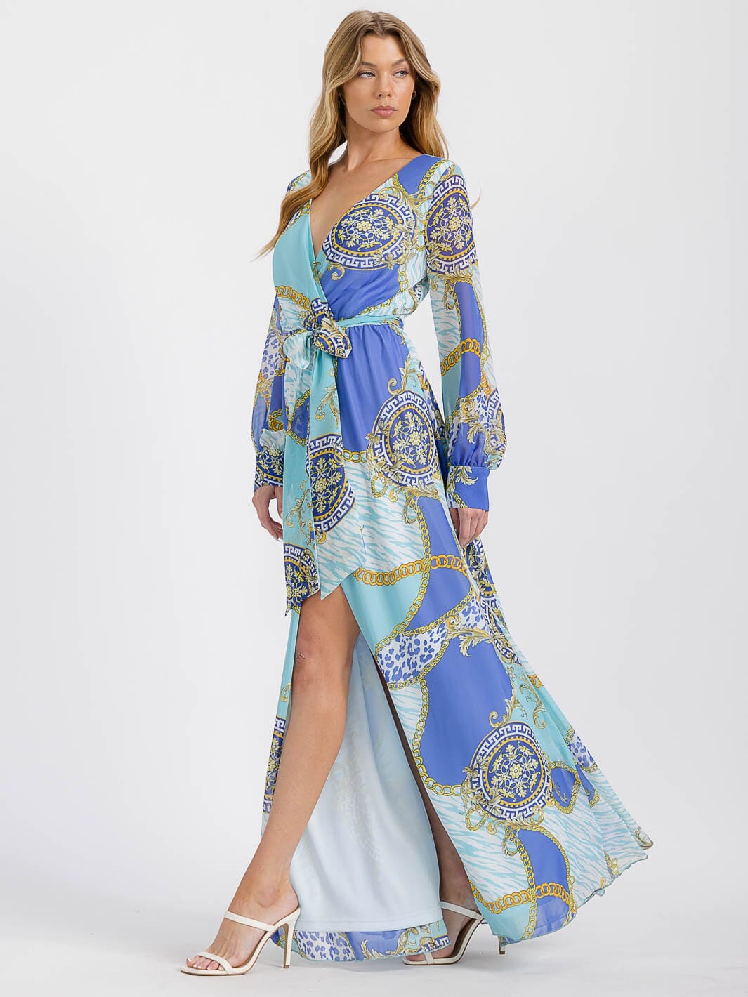 WOMEN'S LONG SLEEVE SURPLICE SELF TIE FRONT SLIT MULTI PRINT MAXI DRESS