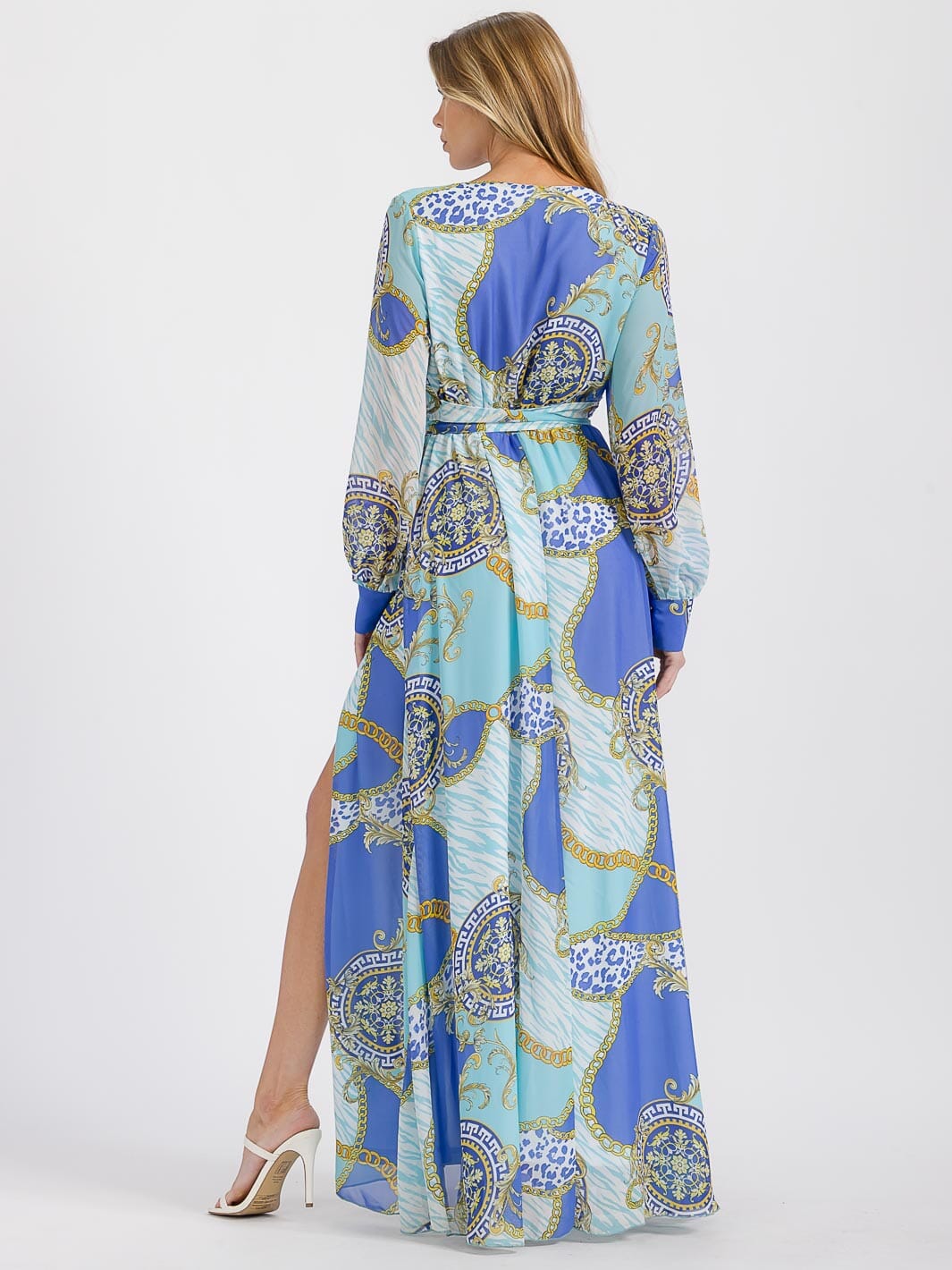 WOMEN'S LONG SLEEVE SURPLICE SELF TIE FRONT SLIT MULTI PRINT MAXI DRESS