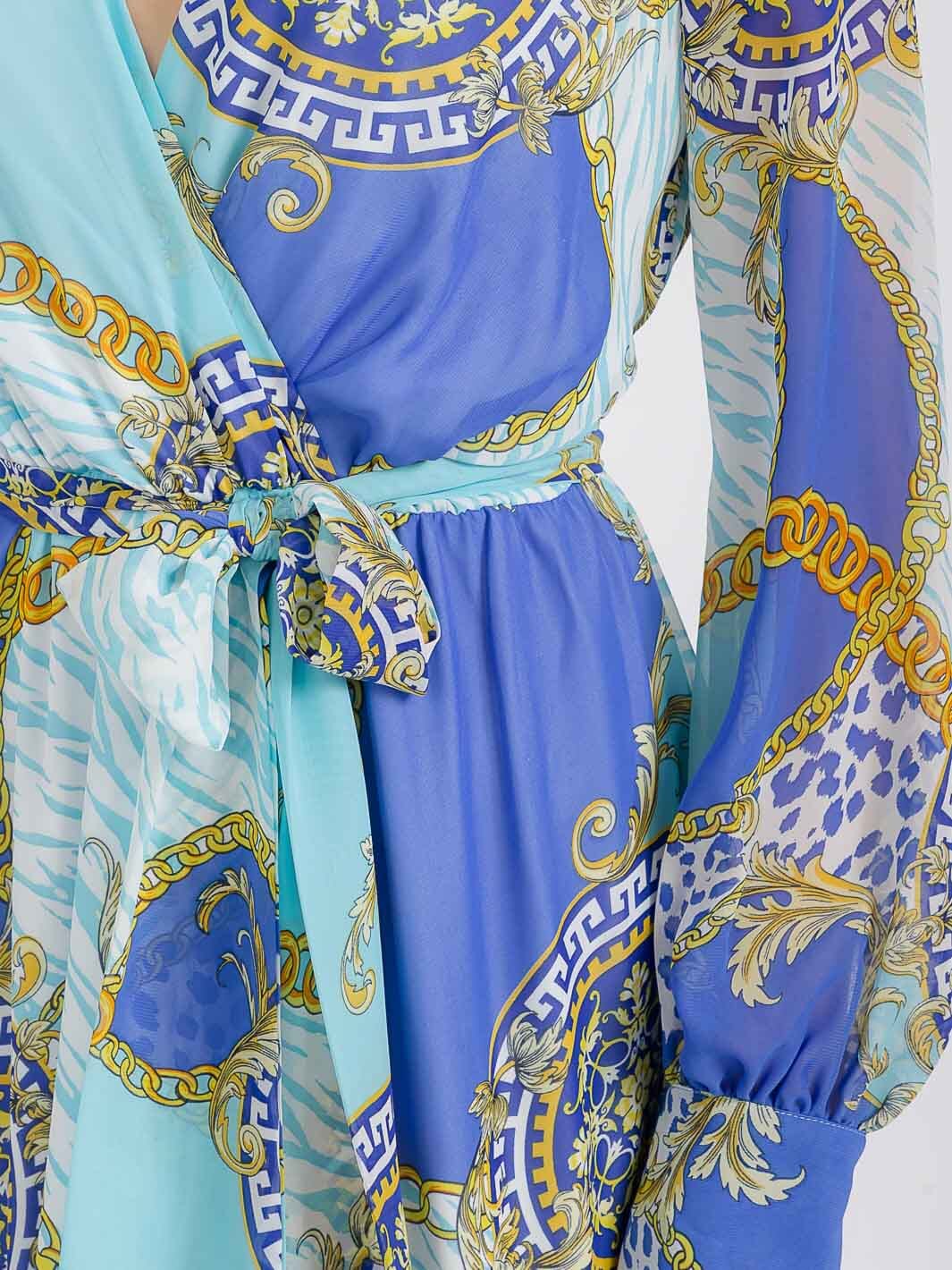 WOMEN'S LONG SLEEVE SURPLICE SELF TIE FRONT SLIT MULTI PRINT MAXI DRESS