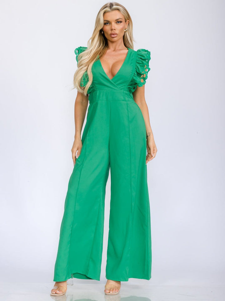 WOMEN'S RUFFLE SLEEVE V-NECK WIDE LEG JUMPSUIT