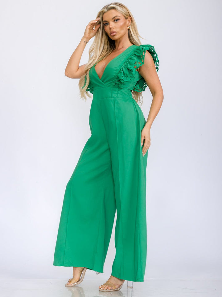 WOMEN'S RUFFLE SLEEVE V-NECK WIDE LEG JUMPSUIT