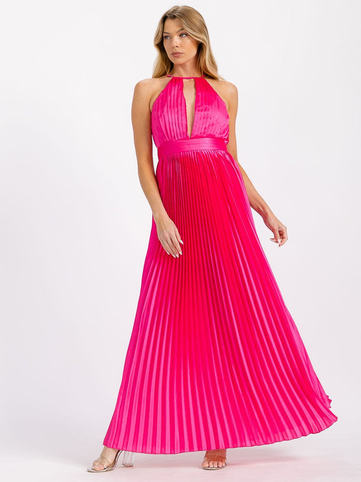 WOMEN'S SLEEVELESS V-NECK OPEN BACK PLEATED MAXI DRESS