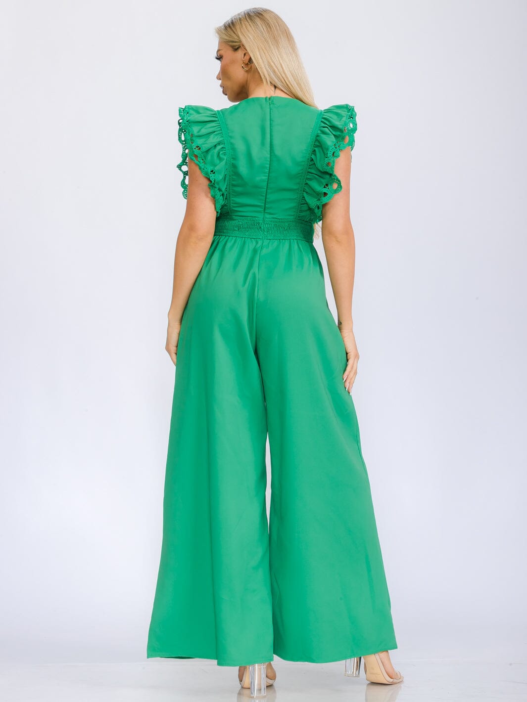 WOMEN'S RUFFLE SLEEVE V-NECK WIDE LEG JUMPSUIT