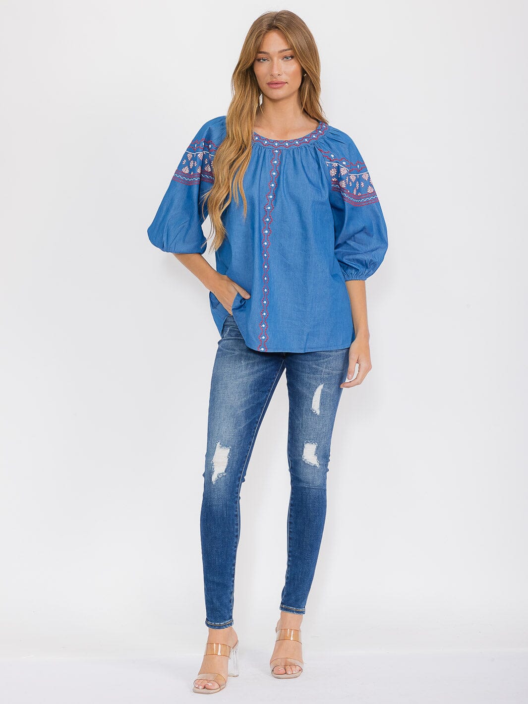WOMEN'S SHORT SLEEVE EMBROIDERY DETAILED TUNIC BLOUSE