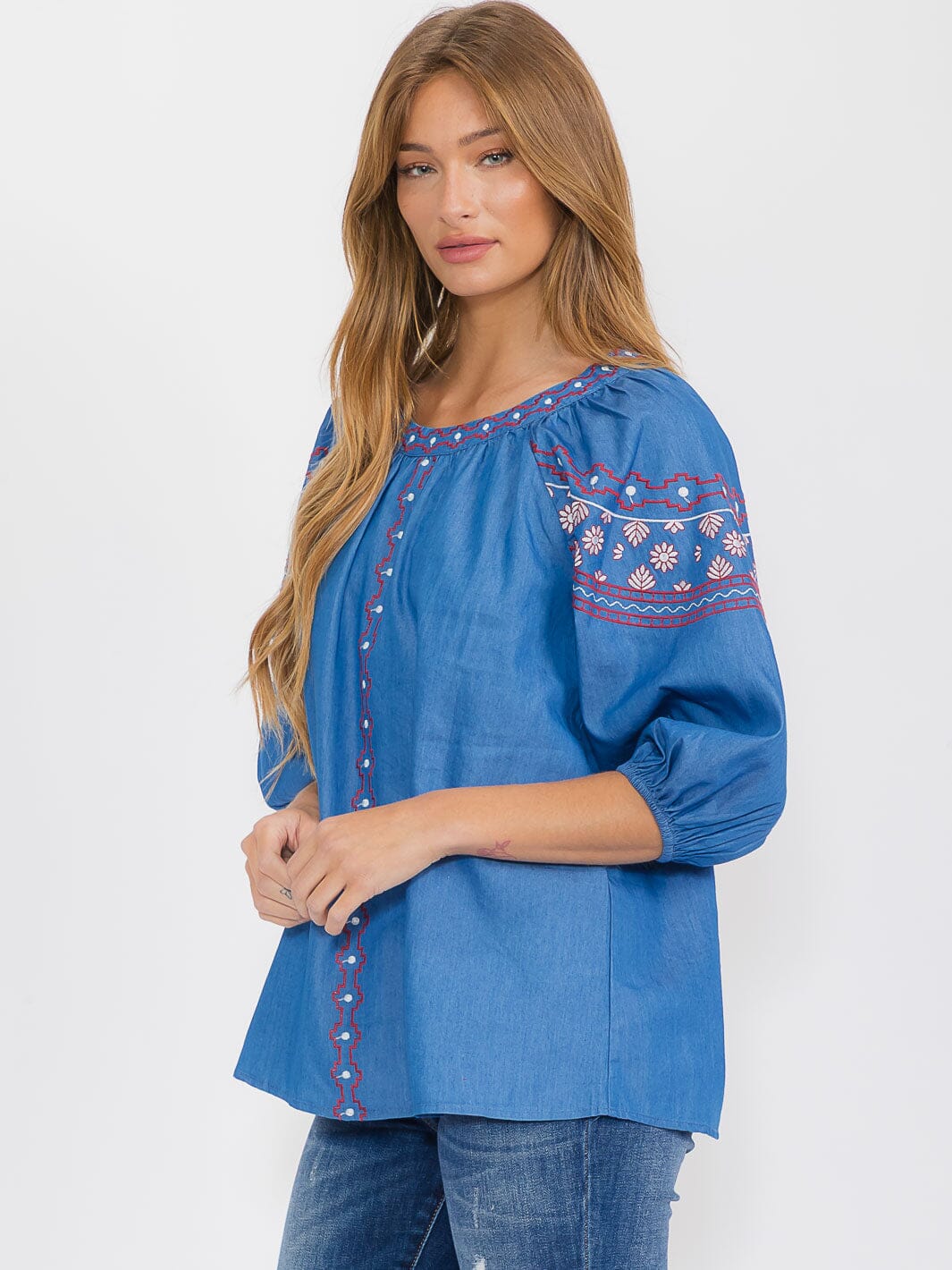 WOMEN'S SHORT SLEEVE EMBROIDERY DETAILED TUNIC BLOUSE