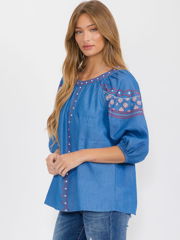 WOMEN'S SHORT SLEEVE EMBROIDERY DETAILED TUNIC BLOUSE