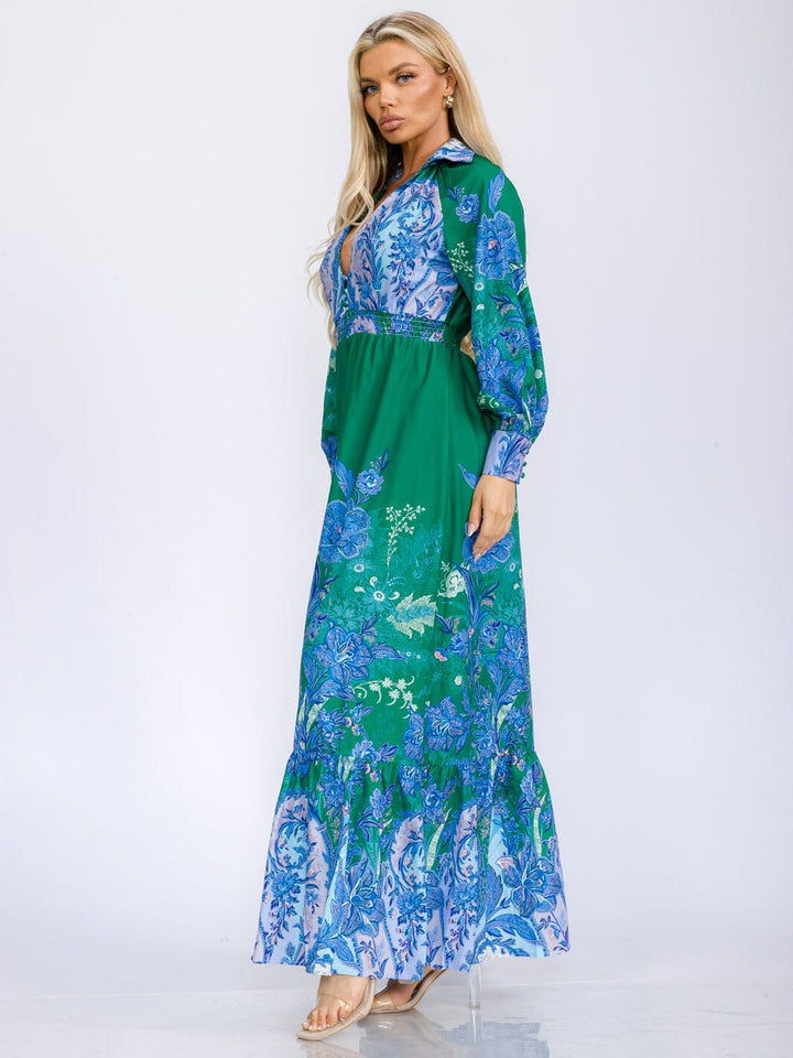 WOMEN'S LONG SLEEVE V-NECK BUTTON UP SMOCK WAIST MULTI PRINT MAXI DRESS