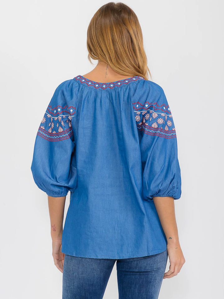 WOMEN'S SHORT SLEEVE EMBROIDERY DETAILED TUNIC BLOUSE