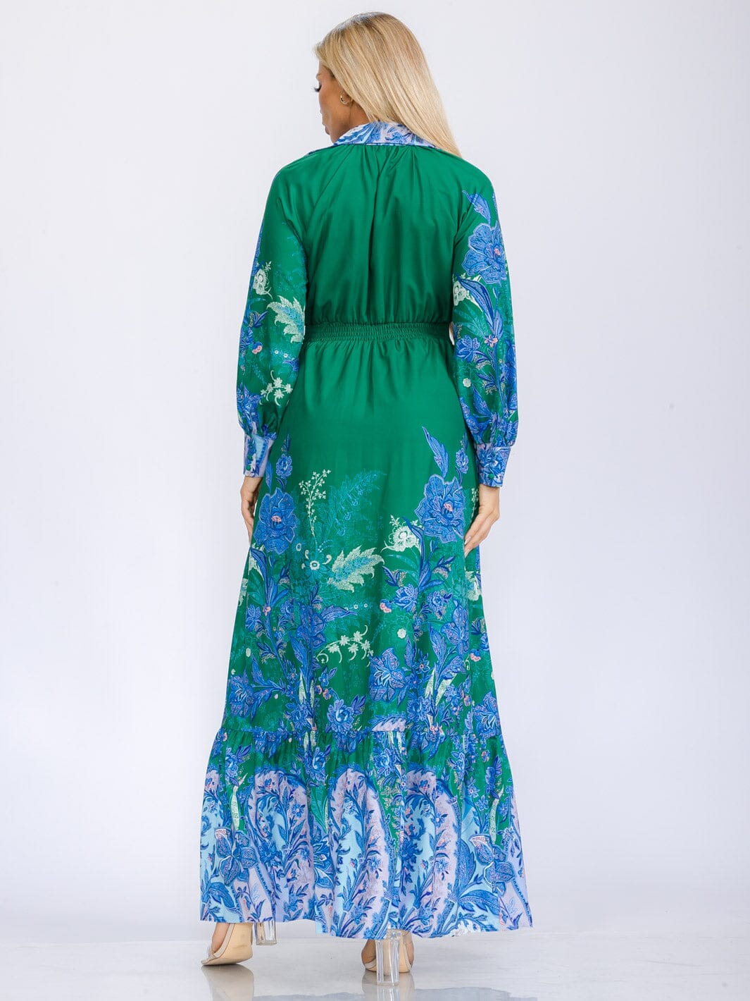 WOMEN'S LONG SLEEVE V-NECK BUTTON UP SMOCK WAIST MULTI PRINT MAXI DRESS