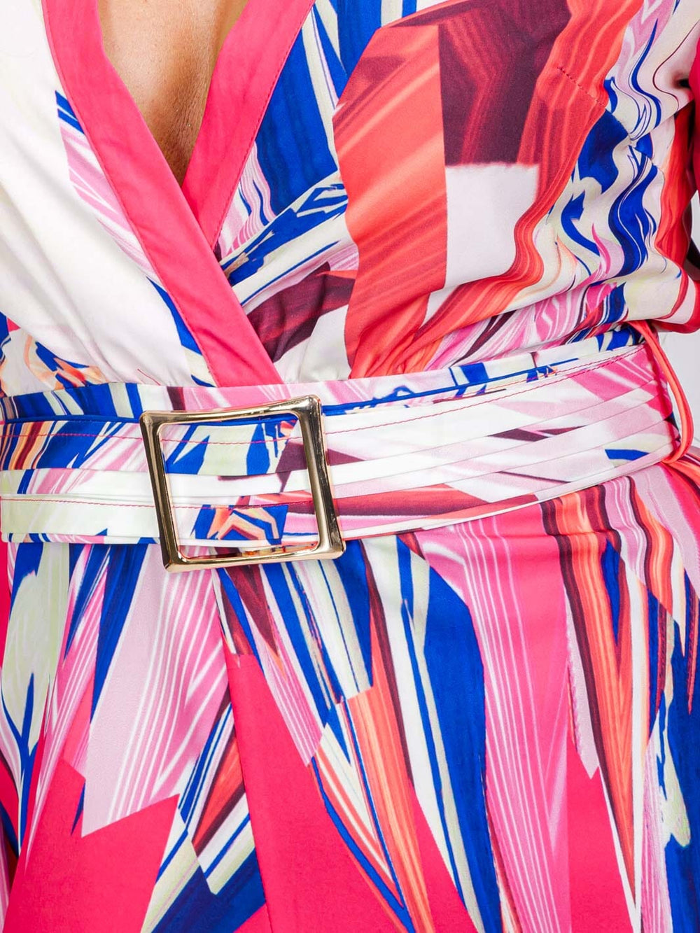 WOMEN'S LONG SLEEVE SURPLICE BELTED MULTI PRINT WIDE LEG JUMPSUIT