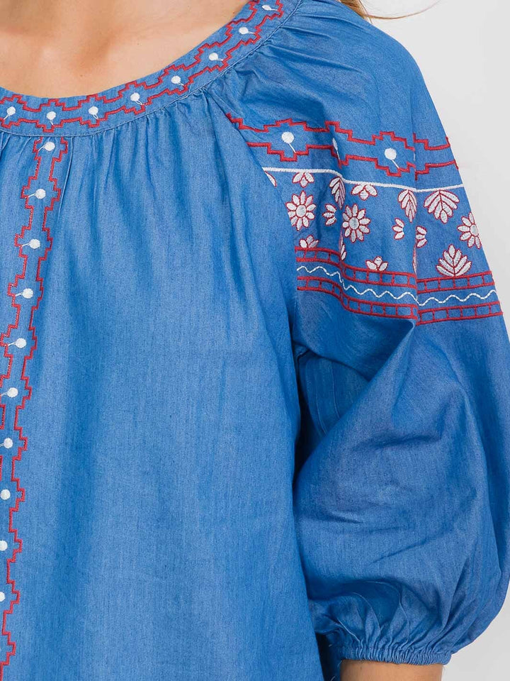 WOMEN'S SHORT SLEEVE EMBROIDERY DETAILED TUNIC BLOUSE
