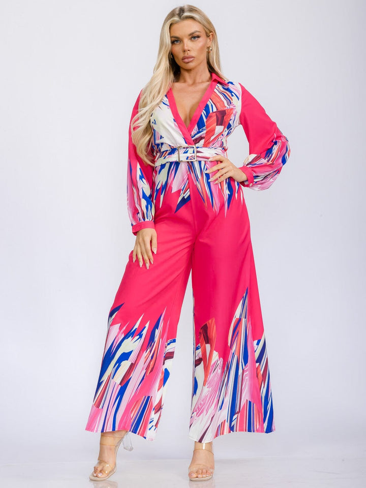 WOMEN'S LONG SLEEVE SURPLICE BELTED MULTI PRINT WIDE LEG JUMPSUIT