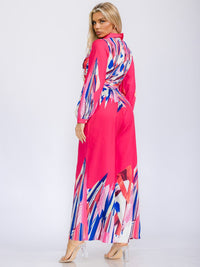 WOMEN'S LONG SLEEVE SURPLICE BELTED MULTI PRINT WIDE LEG JUMPSUIT