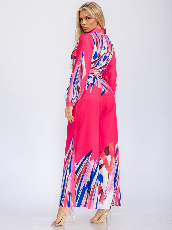 WOMEN'S LONG SLEEVE SURPLICE BELTED MULTI PRINT WIDE LEG JUMPSUIT