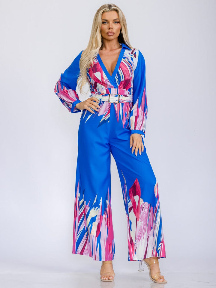 WOMEN'S LONG SLEEVE SURPLICE BELTED MULTI PRINT WIDE LEG JUMPSUIT
