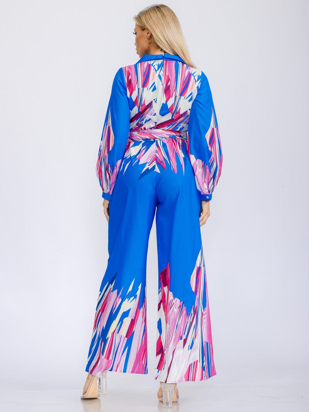 WOMEN'S LONG SLEEVE SURPLICE BELTED MULTI PRINT WIDE LEG JUMPSUIT
