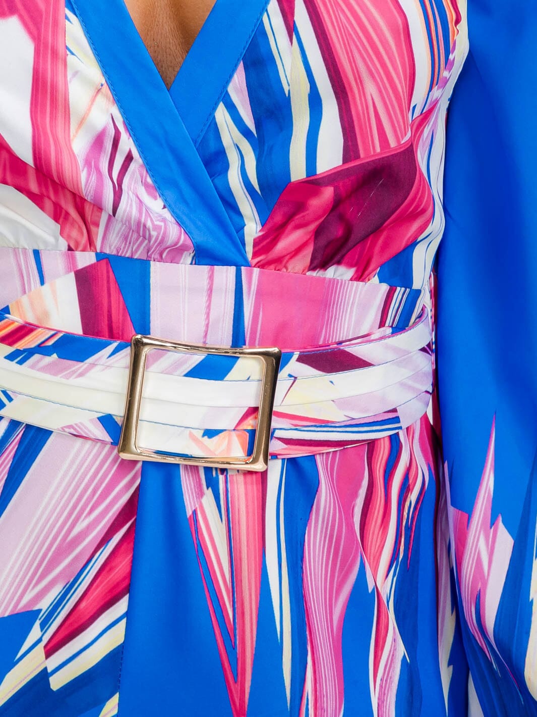 WOMEN'S LONG SLEEVE SURPLICE BELTED MULTI PRINT WIDE LEG JUMPSUIT