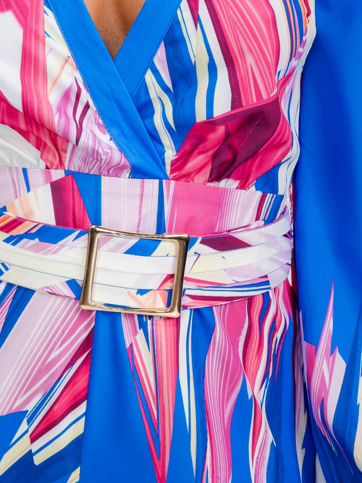 WOMEN'S LONG SLEEVE SURPLICE BELTED MULTI PRINT WIDE LEG JUMPSUIT