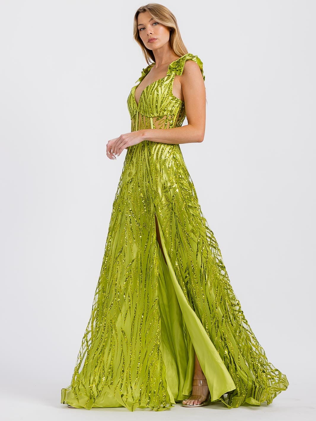 WOMEN'S SLEEVELESS V-NECK OPEN BACK FRONT SLIT SEQUINS MAXI GOWN DRESS