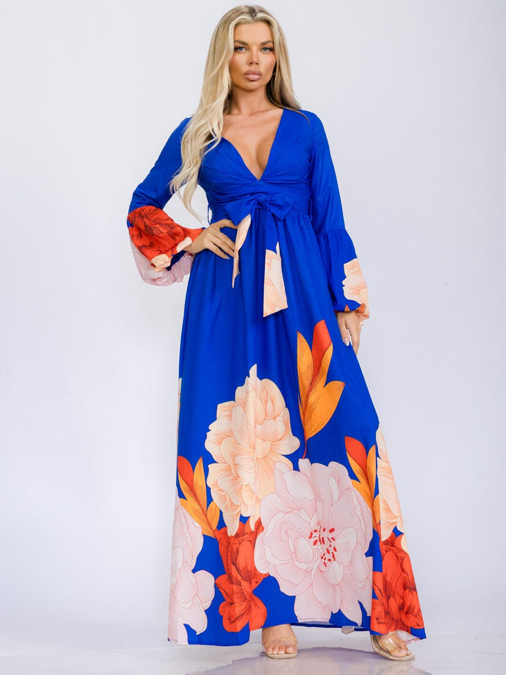 WOMEN'S LONG BELL SLEEVE V-NECK SELF TIE FLORAL PRINT MAXI DRESS