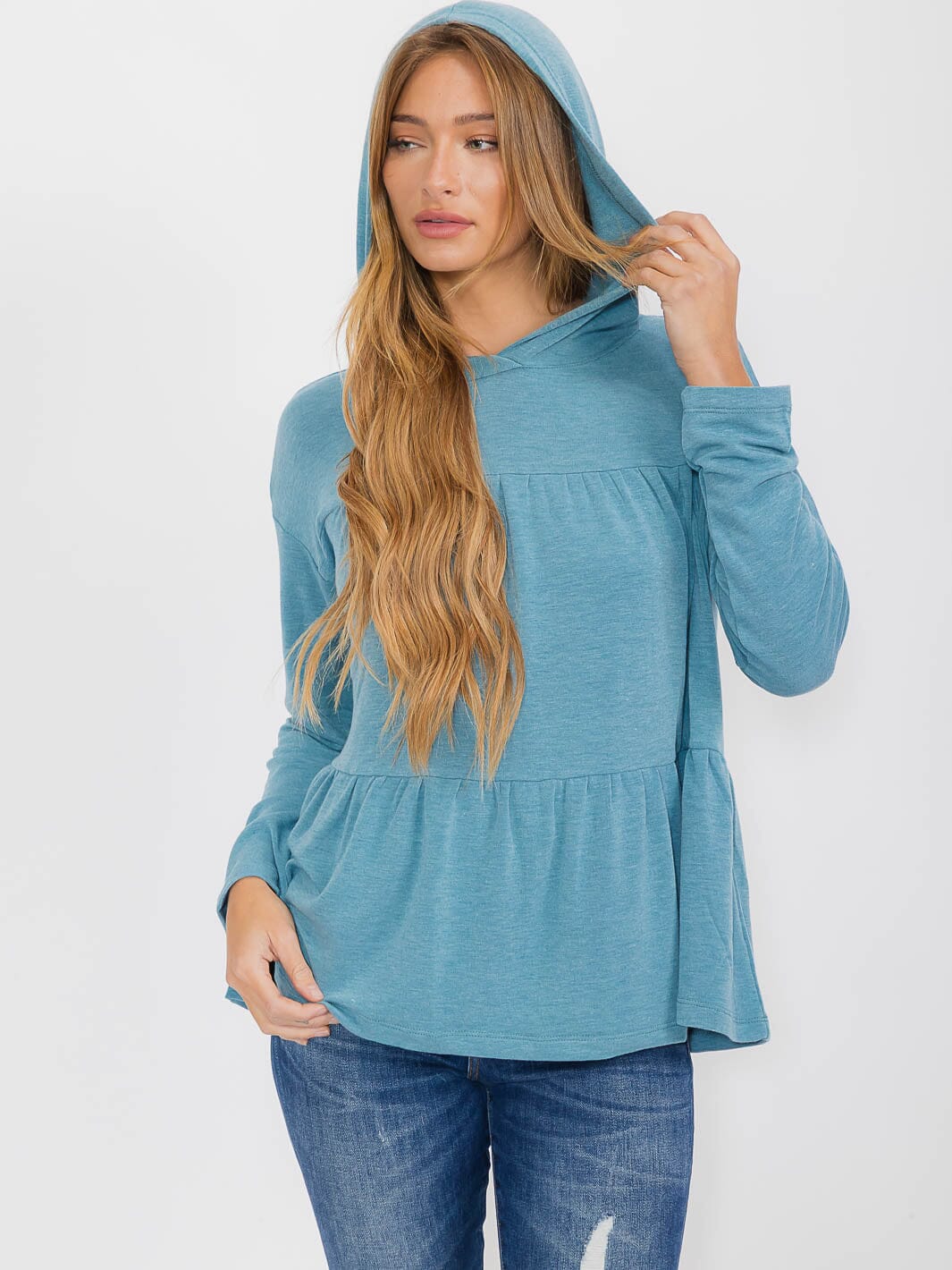 WOMEN'S LONG SLEEVE TIERED HOODED TOP