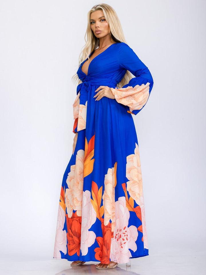 WOMEN'S LONG BELL SLEEVE V-NECK SELF TIE FLORAL PRINT MAXI DRESS