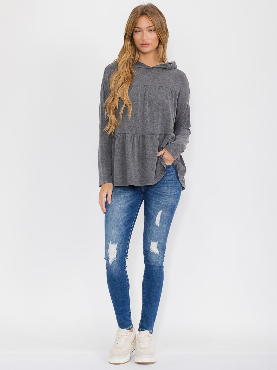 WOMEN'S LONG SLEEVE TIERED HOODED TOP