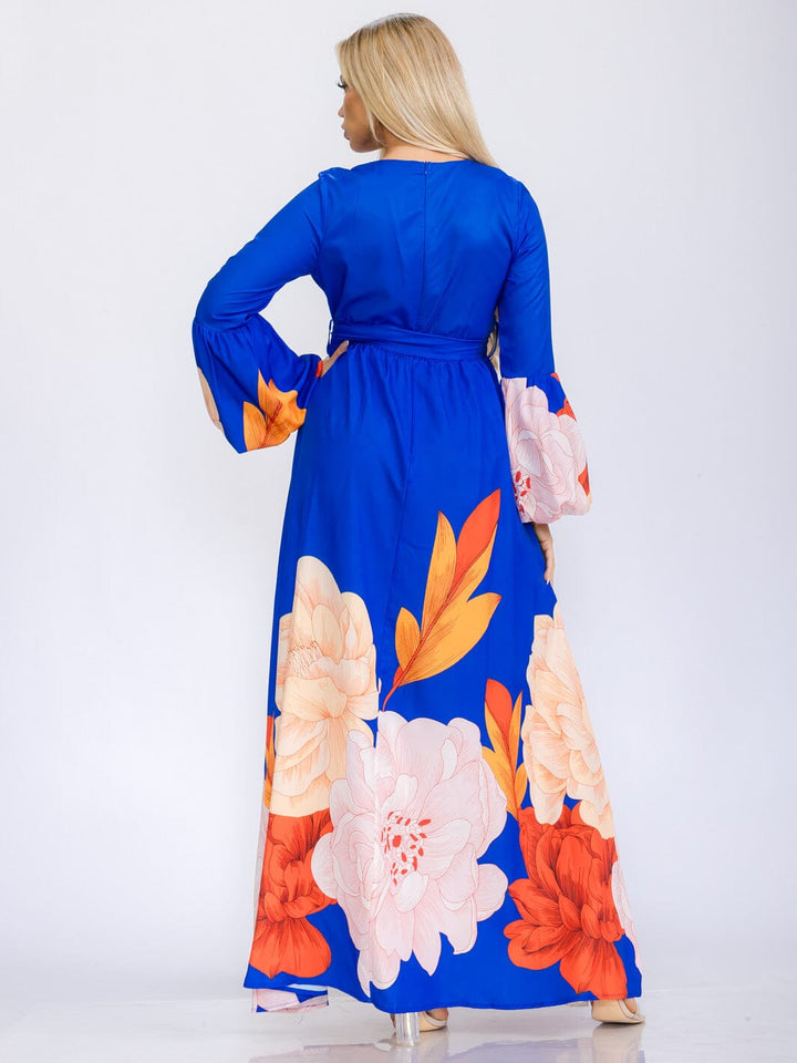 WOMEN'S LONG BELL SLEEVE V-NECK SELF TIE FLORAL PRINT MAXI DRESS