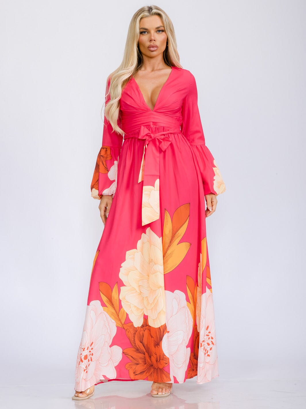 WOMEN'S LONG BELL SLEEVE V-NECK SELF TIE FLORAL PRINT MAXI DRESS