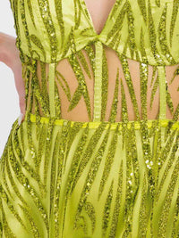 WOMEN'S SLEEVELESS V-NECK OPEN BACK FRONT SLIT SEQUINS MAXI GOWN DRESS