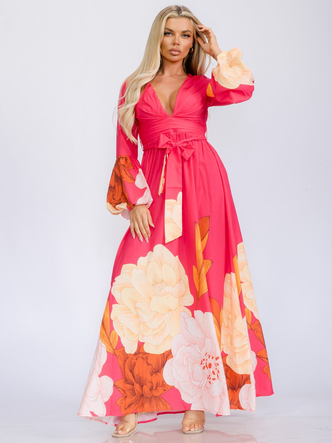 WOMEN'S LONG BELL SLEEVE V-NECK SELF TIE FLORAL PRINT MAXI DRESS
