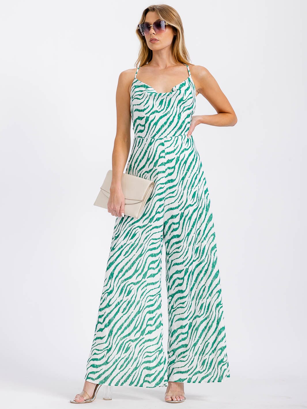 WOMEN'S SLEEVELESS COWL NECK OPEN BACK PRINTED WIDE LEG JUMPSUIT
