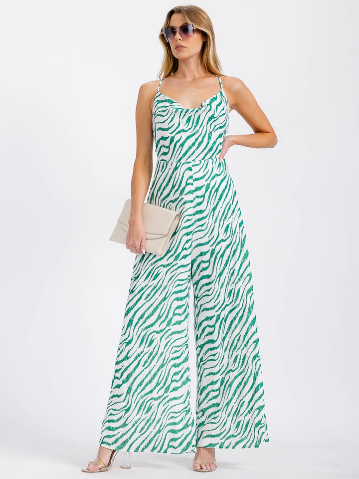 WOMEN'S SLEEVELESS COWL NECK OPEN BACK PRINTED WIDE LEG JUMPSUIT