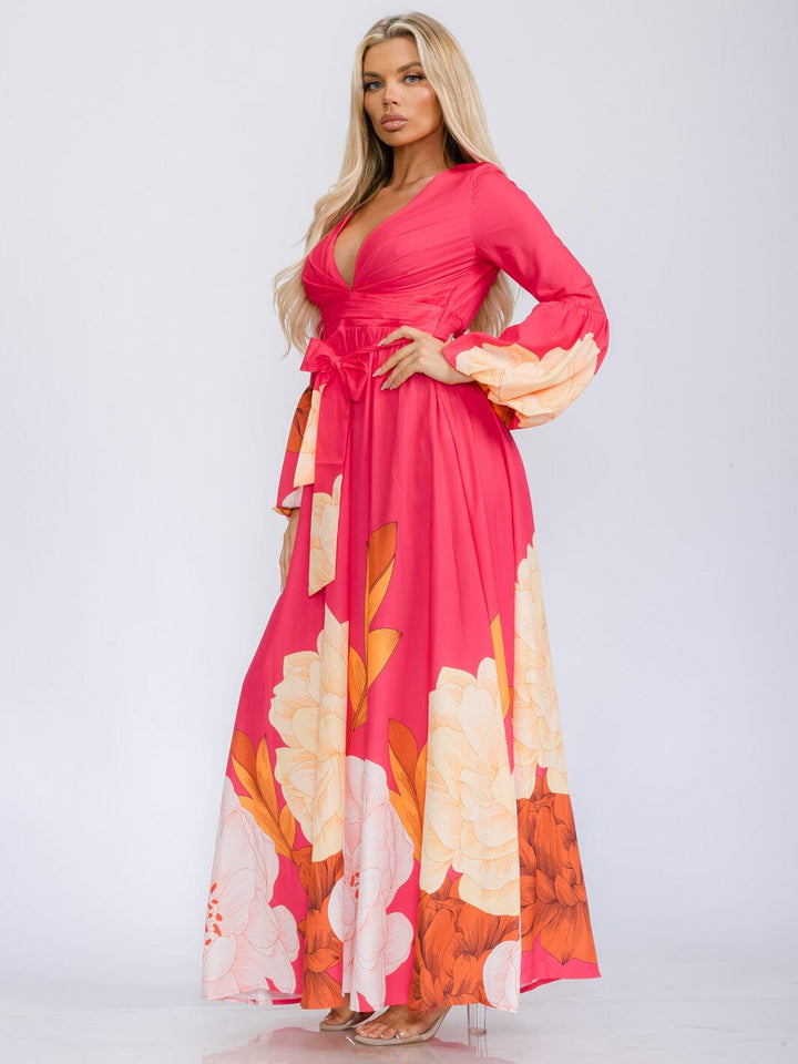 WOMEN'S LONG BELL SLEEVE V-NECK SELF TIE FLORAL PRINT MAXI DRESS