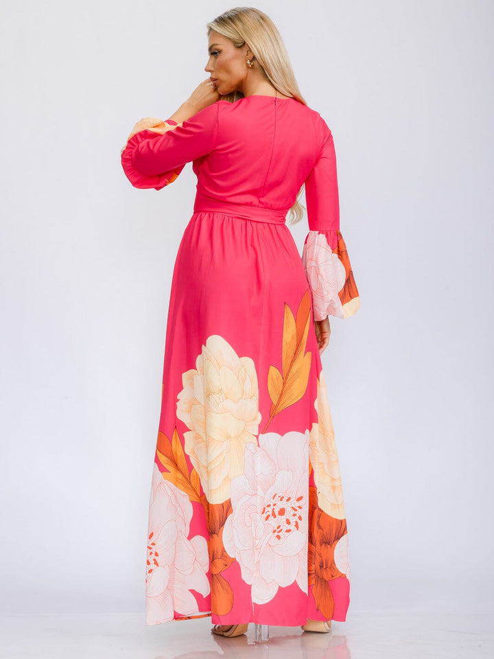 WOMEN'S LONG BELL SLEEVE V-NECK SELF TIE FLORAL PRINT MAXI DRESS