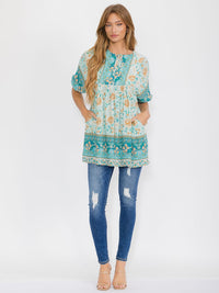 WOMEN'S SHORT SLEEVE TIERED FRONT POCKETS TUNIC BLOUSE