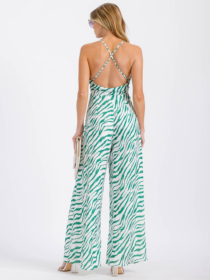 WOMEN'S SLEEVELESS COWL NECK OPEN BACK PRINTED WIDE LEG JUMPSUIT