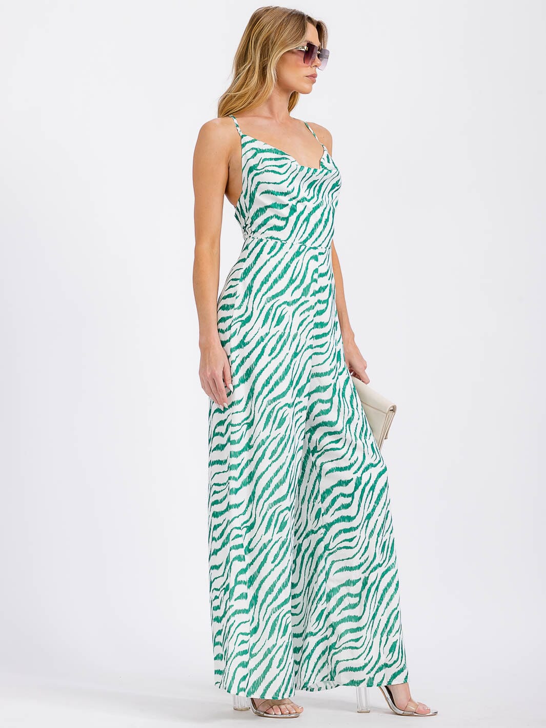 WOMEN'S SLEEVELESS COWL NECK OPEN BACK PRINTED WIDE LEG JUMPSUIT