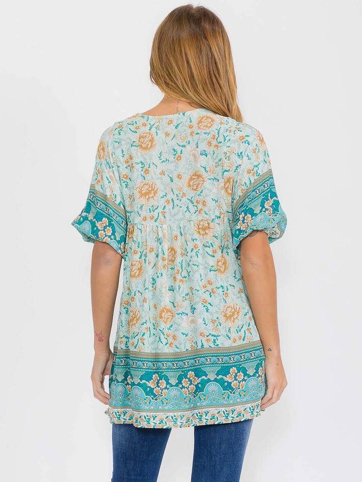 WOMEN'S SHORT SLEEVE TIERED FRONT POCKETS TUNIC BLOUSE