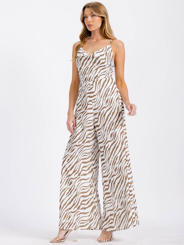 WOMEN'S SLEEVELESS COWL NECK OPEN BACK PRINTED WIDE LEG JUMPSUIT