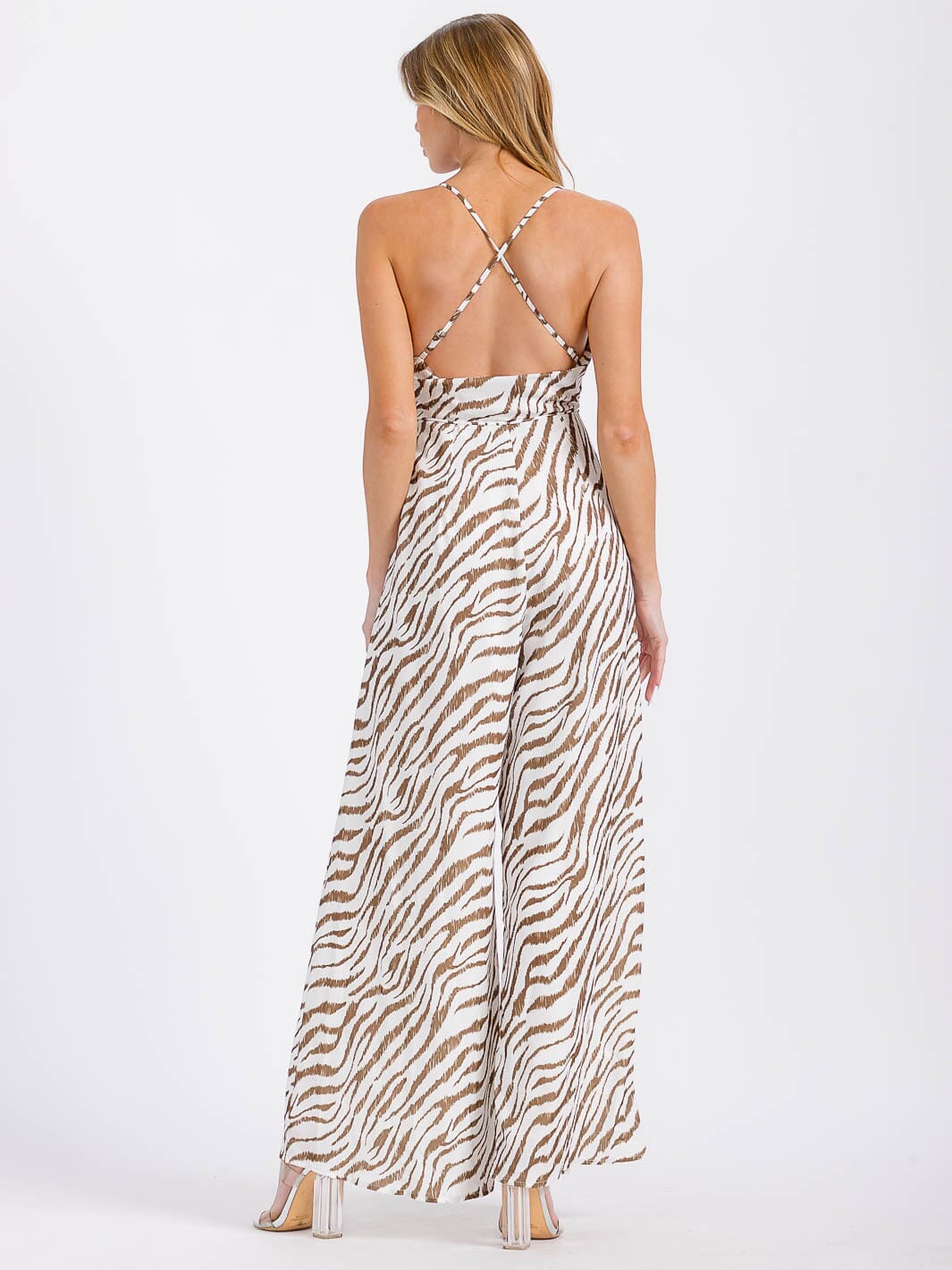 WOMEN'S SLEEVELESS COWL NECK OPEN BACK PRINTED WIDE LEG JUMPSUIT