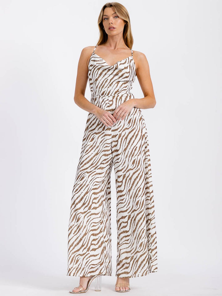 WOMEN'S SLEEVELESS COWL NECK OPEN BACK PRINTED WIDE LEG JUMPSUIT