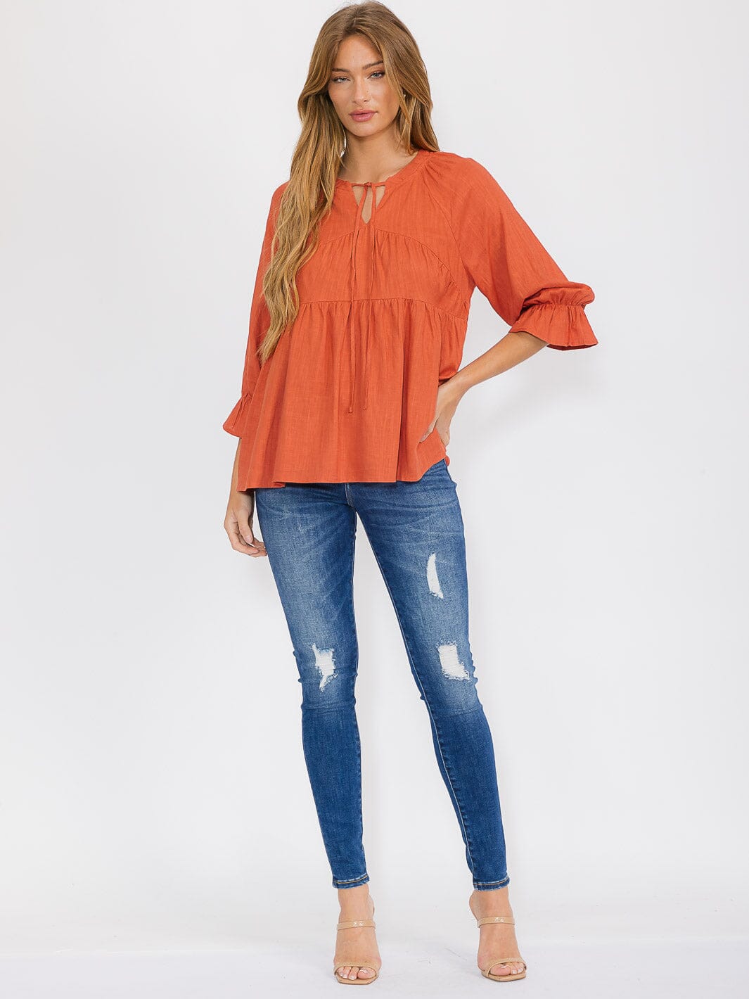 WOMEN'S LONG SLEEVE V-NECK TIERED TUNIC BLOUSE