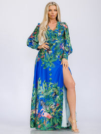 WOMEN'S LONG SLEEVE V-NECK FRONT SLIT FLORAL PRINT MAXI DRESS