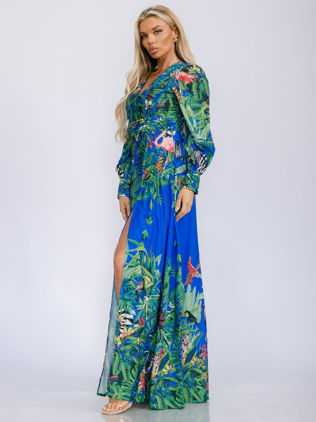 WOMEN'S LONG SLEEVE V-NECK FRONT SLIT FLORAL PRINT MAXI DRESS
