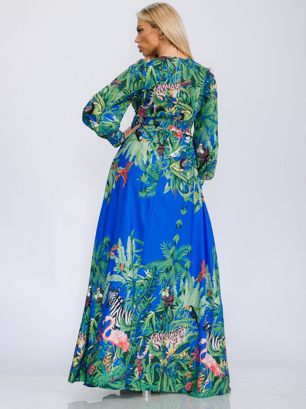 WOMEN'S LONG SLEEVE V-NECK FRONT SLIT FLORAL PRINT MAXI DRESS