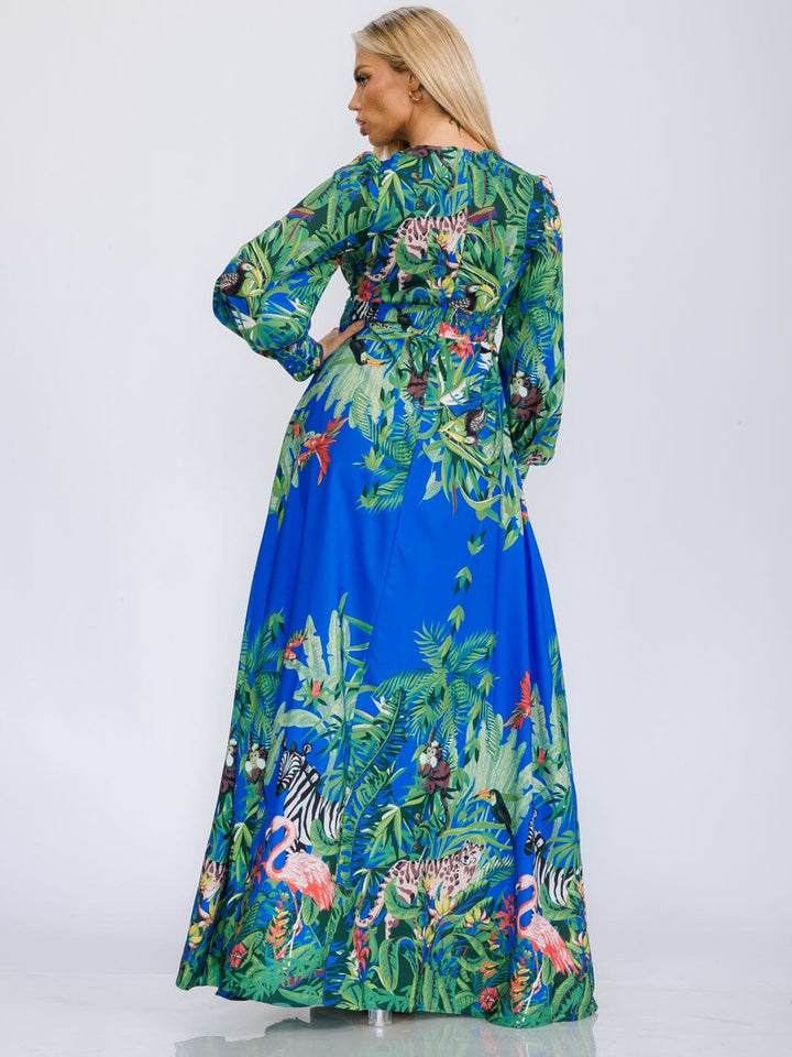 WOMEN'S LONG SLEEVE V-NECK FRONT SLIT FLORAL PRINT MAXI DRESS