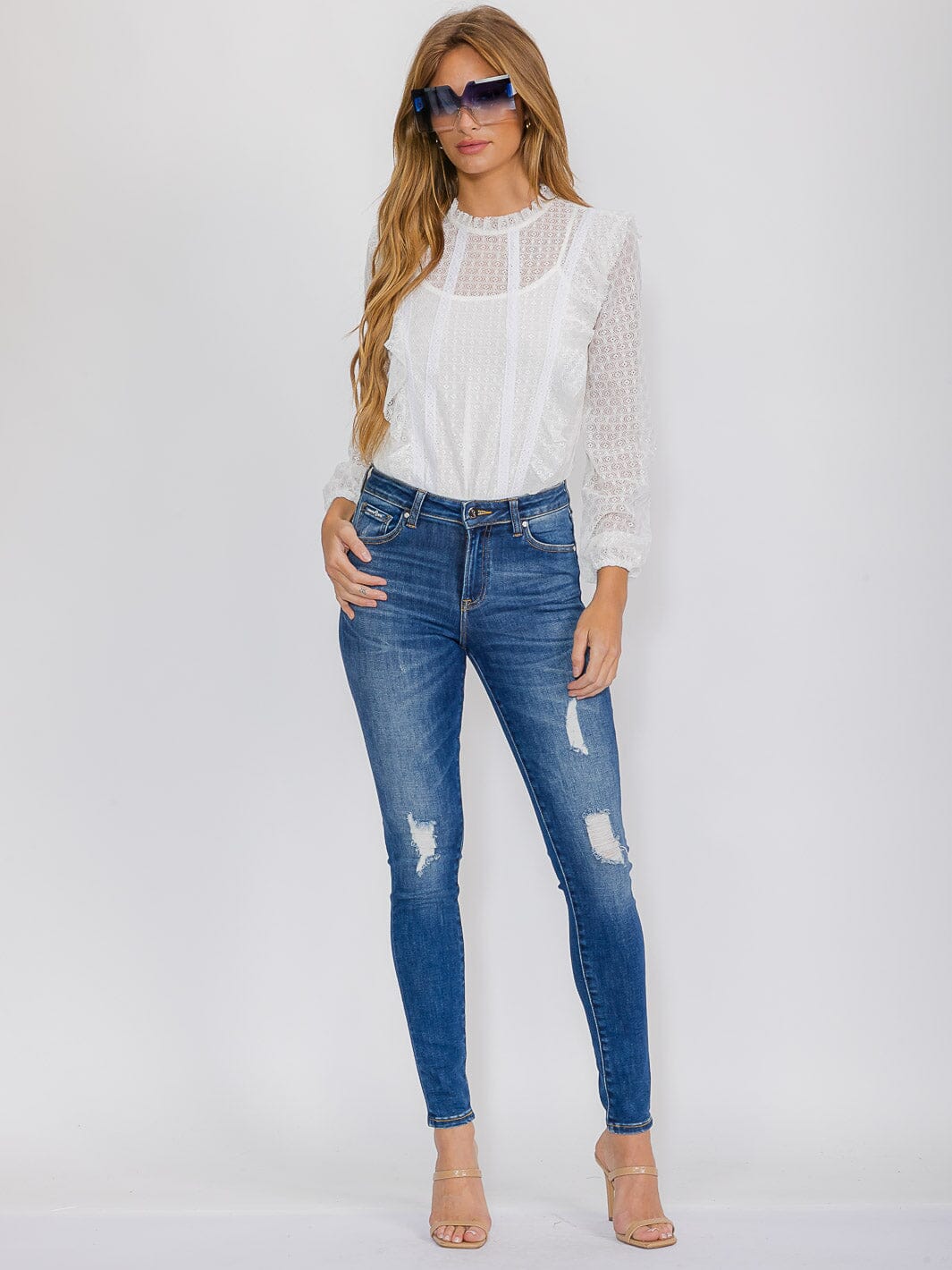 WOMEN'S LONG SLEEVE RUFFLE LACE BODYSUIT