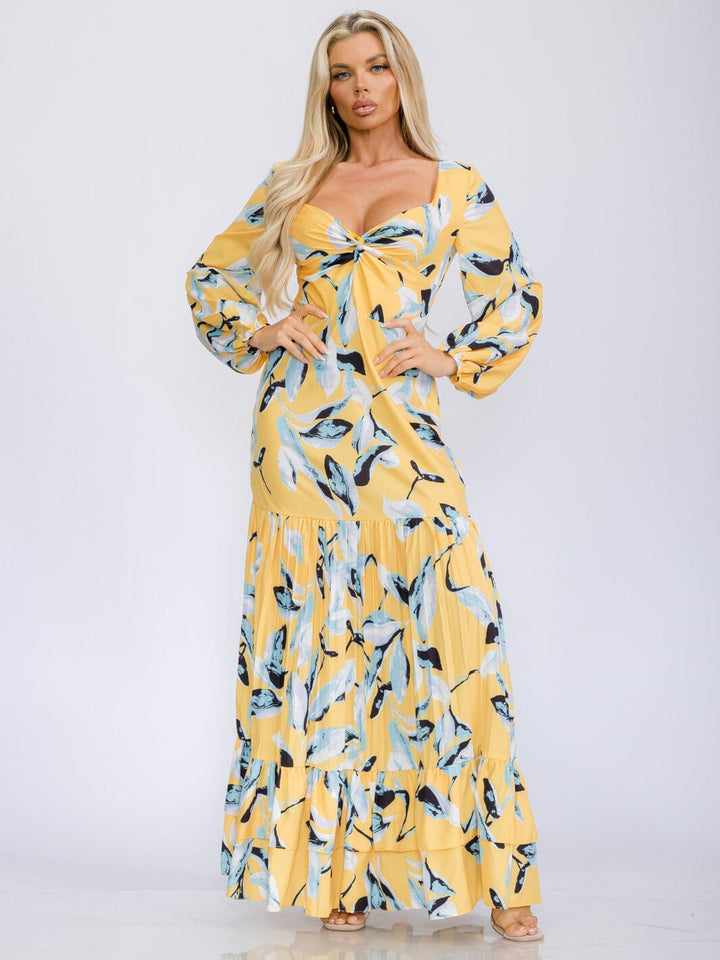 WOMEN'S LONG SLEEVE V-NECK TIERED FLORAL PRINT MAXI DRESS